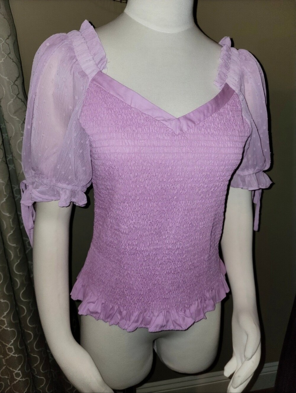 💜 CeCe Puff Sleeve Smocked Top, Size Small